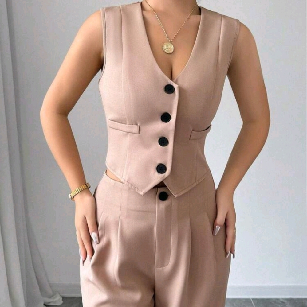 Women's Button-Up Sleeveless Blazer Top And Straight Leg Casual Pants Set - Picture 6 of 6